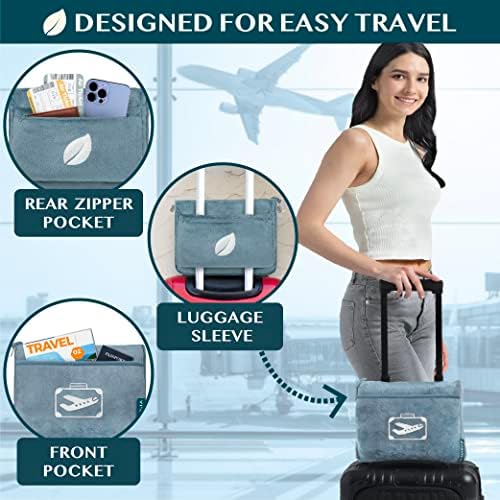 PAVILIA Travel Blanket Pillow in Soft Bag with Pockets, Airplane Blanket Set, Plane Blanket Compact Packable, Flight Essentials Car Pillow, Travelers Accessories Gifts, Luggage Strap, Dusty Light Blue - Image 3