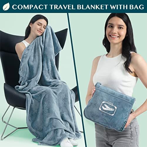 PAVILIA Travel Blanket Pillow in Soft Bag with Pockets, Airplane Blanket Set, Plane Blanket Compact Packable, Flight Essentials Car Pillow, Travelers Accessories Gifts, Luggage Strap, Dusty Light Blue - Image 2