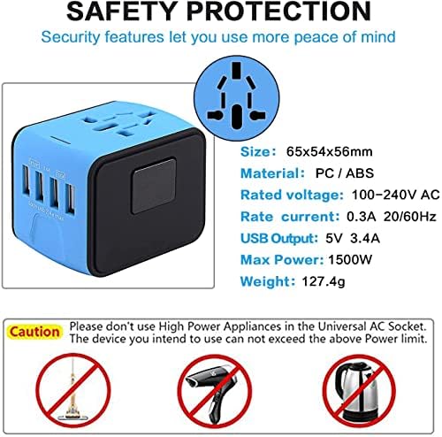 International Travel Adapter Universal Power Adapter Worldwide All in One 4 USB-A Ports Perfect for European US, EU, UK, AU 200+ Countries (Blue) - Image 6