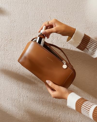 EACHY Travel Makeup Bag,Large Capacity Cosmetic Bags for Women,Waterproof Portable Pouch Open Flat Toiletry Bag Make up Bag with Divider and Handle, Gifts for Women (Brown, Medium) - Image 9