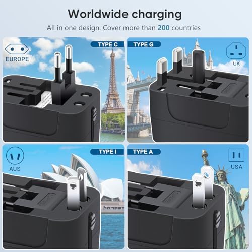 Travel Adapter, Worldwide All in One Universal Travel Adaptor AC Power Plug Adapter Wall Charger with USB-C and USB-A Charging Ports for USA EU UK AUS Black - Image 2