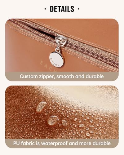 EACHY Travel Makeup Bag,Large Capacity Cosmetic Bags for Women,Waterproof Portable Pouch Open Flat Toiletry Bag Make up Bag with Divider and Handle, Gifts for Women (Brown, Medium) - Image 5