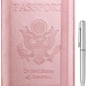 WALNEW Passport Holder for Travel, RFID Passport Cover Wallet for Women Men, PU Leather Passport Book Card Holder Case with Pen, Travelling Essentials for Flying
