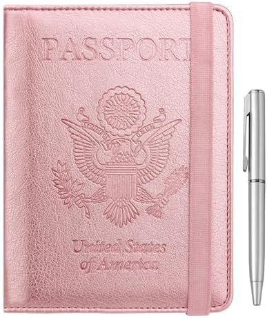 WALNEW Passport Holder for Travel, RFID Passport Cover Wallet for Women Men, PU Leather Passport Book Card Holder Case with Pen, Travelling Essentials for Flying