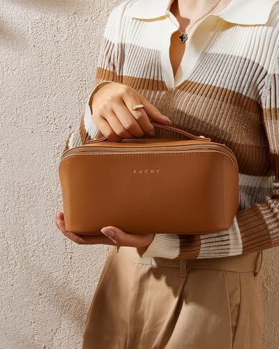 EACHY Travel Makeup Bag,Large Capacity Cosmetic Bags for Women,Waterproof Portable Pouch Open Flat Toiletry Bag Make up Bag with Divider and Handle, Gifts for Women (Brown, Medium) - Image 8