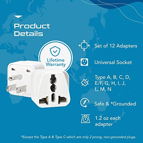 Ceptics Travel Adapter with Types A-M Plugs, Travel Plug Adapter Set Compatible with Power Sockets in All Continents, Compact World International Plug Adaptor Kit, Set of 12,GP-12PK - Image 3