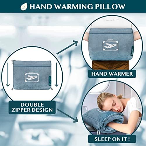 PAVILIA Travel Blanket Pillow in Soft Bag with Pockets, Airplane Blanket Set, Plane Blanket Compact Packable, Flight Essentials Car Pillow, Travelers Accessories Gifts, Luggage Strap, Dusty Light Blue - Image 5