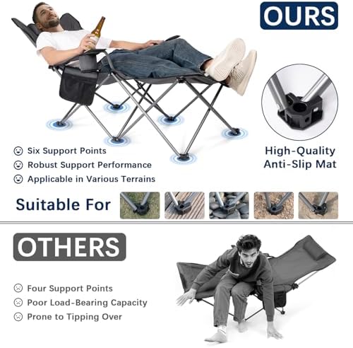 apollo walker Camping Chairs for Adults - 6 Legged Beach Chair with Foot Rest, Adjustable 90° - 135° Reclining Lounge Chair Outdoor, Folding Chairs for Outside with Detachable Pillow & Carry Bag Grey - Image 5