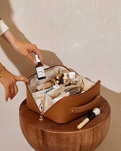 EACHY Travel Makeup Bag,Large Capacity Cosmetic Bags for Women,Waterproof Portable Pouch Open Flat Toiletry Bag Make up Bag with Divider and Handle, Gifts for Women (Brown, Medium) - Image 7