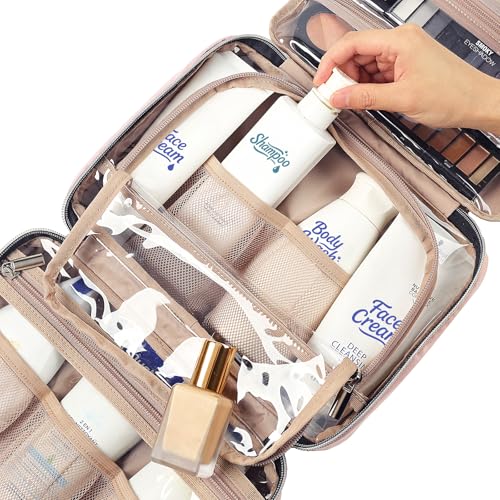 NISHEL Travel Toiletry Bag for women, Portable Hanging Organizer for Travel-Sized Shampoo, Conditioner, Brushes Set, makeup Accessories, Medium Size, Pink - Image 5