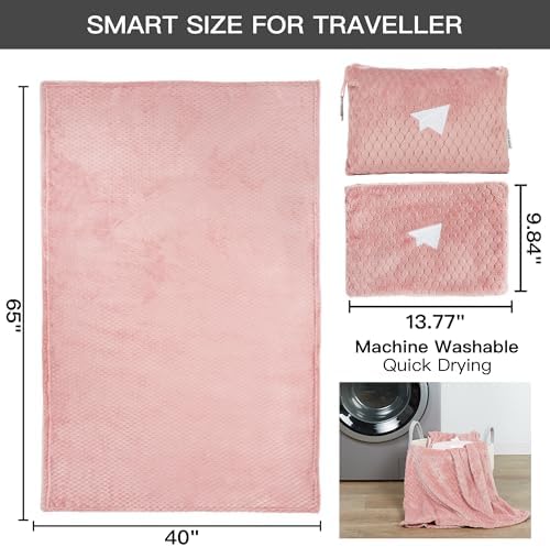 Plush & Plaid 2-Pack Travel Blanket Airplane Compact with Bag, Mid-Weight Soft Throw Blanket Pillow for Long/Short Flight, Portable Packable with Luggage Sleeve and Backpack Clip, 40x65, Pink - Image 2