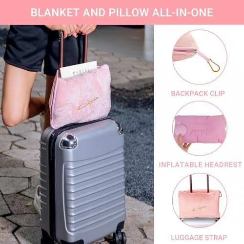 3 in 1 Travel Pillow and Blanket Set, Premium Soft 300 GSM Thick Airplane Blanket Compact with Bag for Long Trips Essentials, Hand Luggage Sleeve and Backpack Clip (Pink) - Image 3