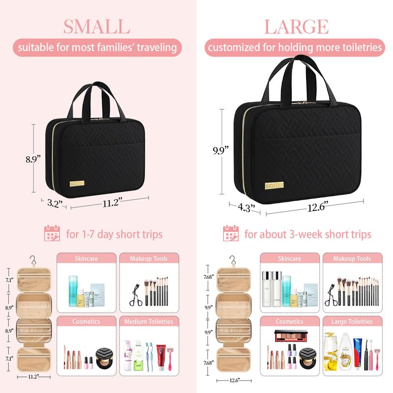 HOTOR Travel Toiletry Bag w/Hanging Hook - Spacious Toiletry Bag Essentials for Women & Men, Makeup Bag/Big Comparment, Waterproof for Travel Accessories, Medium, Black - Image 3